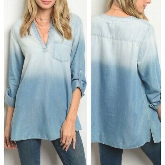 Dee Elly Ombré Chambray Button Blouse Top Blue